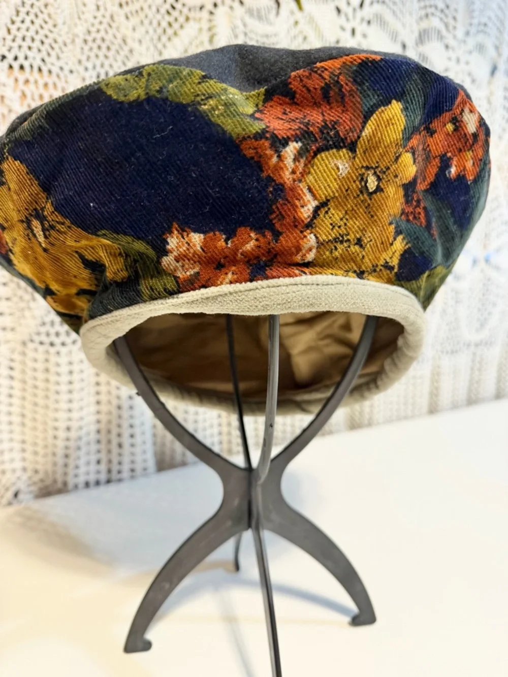 VINTAGE French beret hat moody dark floral corduroy navy blue newsboy cap boho - Picture 2 of 8
